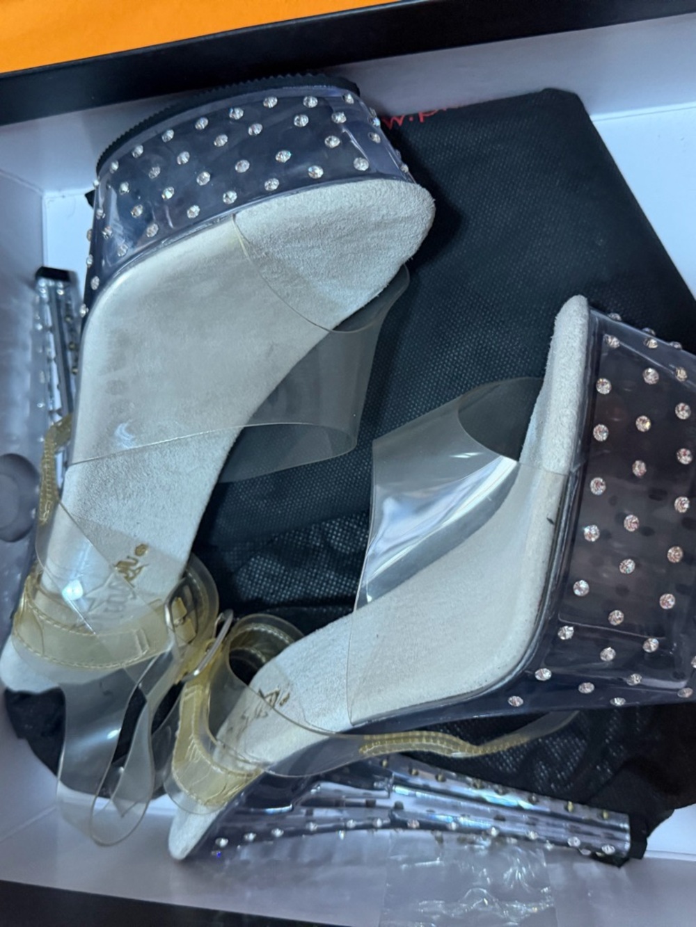 Pleaser Clear Platform Sandals with Silver Studs and Beige Suede